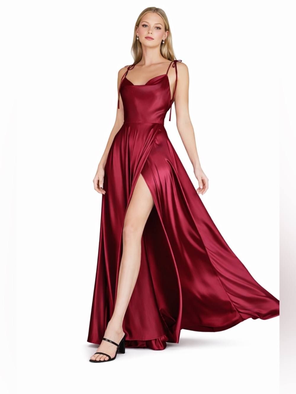 Satin Burgundy High-Slit Prom Gown with Tie Straps